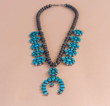 Museum quality turquoise Mountain Turquoise Squash Blossom Necklace-Necklace-Good Tidings