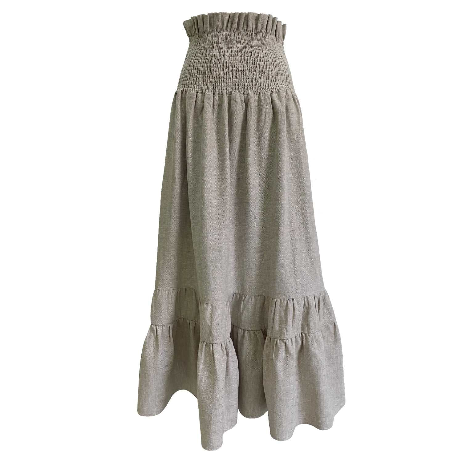 Rohnea Shirred Linen Modular Maxi Skirt in Herringbone Cream – The